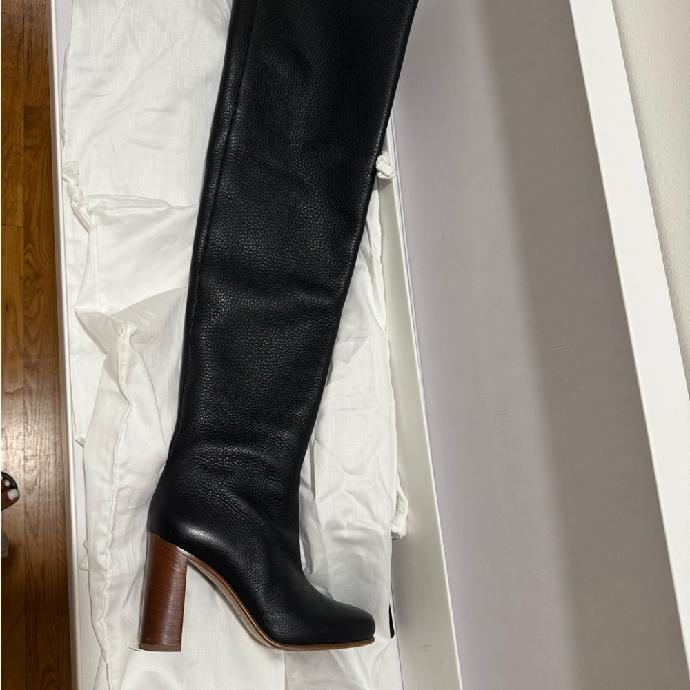 KHAITE Black Leather Over-the-Knee Boot with Brown Block Heel